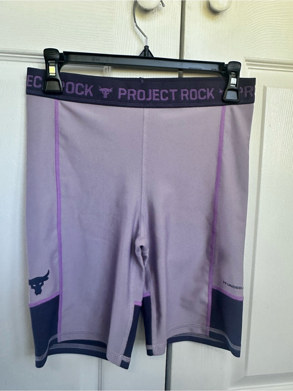 Under Armour Project Rock Lavender and Dark Purple Workout Bike Shorts